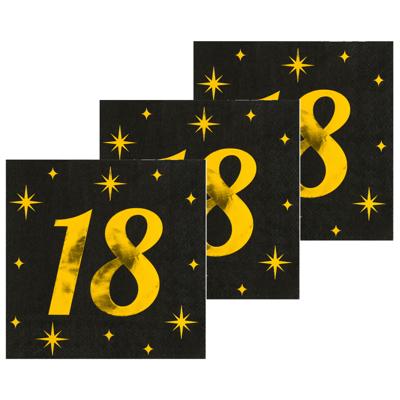 Verjaardag feest servetten - leeftijd 18 jaar - 48x stuks - zwart/goud - sterren - 33 x 33 cm