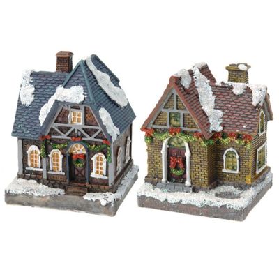 2x Kersthuisjes/kerstdorpje met gekleurde verlichting 13 cm