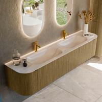 Badmeubel Mondiaz Kurve-Dlux | 200 cm | Meubelkleur Dusk | Wastafelkleur Meli | Solid surface | Wasbak beide zijden spoelbak | 2 kraangaten
