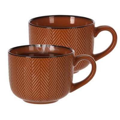 Thee/koffiemok XL Fishbone - 2x - terra - 12 x 9 cm - keramiek - kommetjes met oor - 560 ml