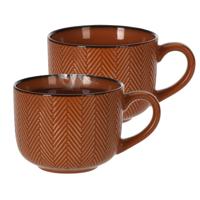 Thee/koffiemok XL Fishbone - 2x - terra - 12 x 9 cm - keramiek - kommetjes met oor - 560 ml