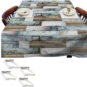 Blauwe tafelkleden/tafelzeilen houten planken print 140 x 250 cm rechthoekig met 4x tafelkleedklemmen   -