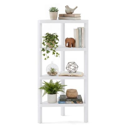 Hoekrek 4-Laags Hoekboekenkast met Open Lattenrekken Vrijstaande Displaystandaard Modern Opbergrek-Wit