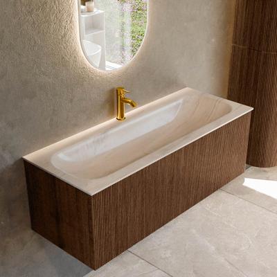 Badmeubel Mondiaz Kurve-Dlux | 120 cm | Meubelkleur Walnut | Wastafelkleur Meli | Solid surface | Wasbak midden spoelbak | 1 kraangat