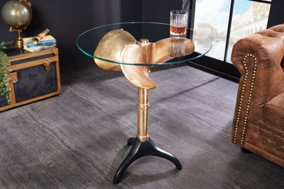 Handgemaakte bijzettafel OCEAN 75cm goud zwart glazen blad metaal maritiem rond - 42725