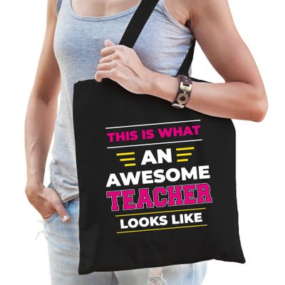 Awesome teacher / geweldige juf katoenen tas - zwart - 42 x 38 cm