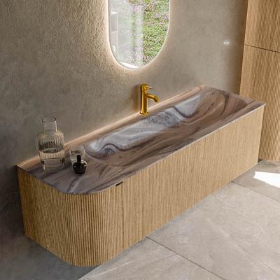 Badmeubel Mondiaz Kurve-Dlux | 145 cm | Meubelkleur Oak | Wastafelkleur Sombra | Solid surface | Wasbak rechter zijde spoelbak | 1 kraangat