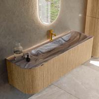Badmeubel Mondiaz Kurve-Dlux | 145 cm | Meubelkleur Oak | Wastafelkleur Sombra | Solid surface | Wasbak rechter zijde spoelbak | 1 kraangat