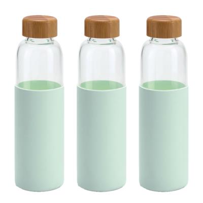 Waterfles - glas - 3x - mintgroene siliconen hoes - 600 ml - bpa-vrij - vaatwasserbestendig