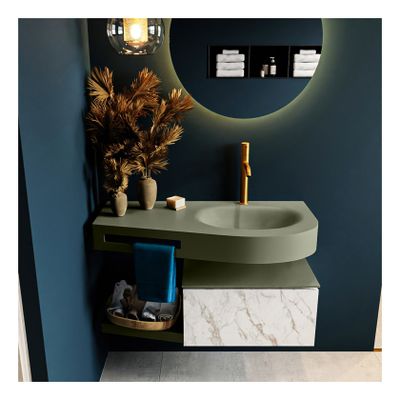 Mondiaz Riva 100cm badmeubel onderkast planchet kleur carrara met 1 lade wastafel rechts 1 kraangat kleur army