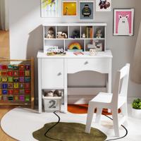 Kinderbureau en Stoelset voor 3-Jarigen Houten Werktafel met Stoel Studentenbureau voor de Slaapkamer met Plank en Kast Wit