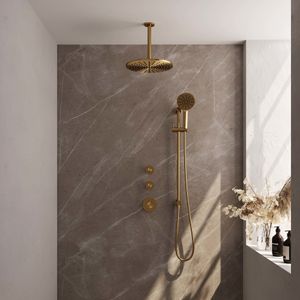 Regendoucheset Inbouw Brauer Gold Edition Thermostatisch 30 cm met Plafondarm, Glijstang en Handdouche 3-Standen Losse Stopkranen Geborsteld Goud