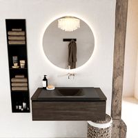 MONDIAZ BUKLA 100cm badmeubel onderkast kleur Dark Brown met 1 lade. Wastafel CLOUD midden 0 kraangaten kleur Urban.