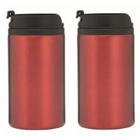 Thermosbeker/warmhoudbeker Koffie To Go - 2x - metallic rood - 290 ml - dubbelwandig - met schroefdo