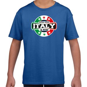 Have fear Italy is here / Italie supporter t-shirt blauw voor kids