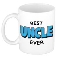 Best uncle ever cadeau koffiemok - drink beker - wit met blauwe cartoon letters - 300 ml