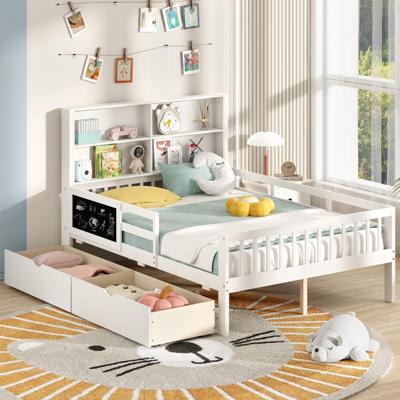 Kinderbed met 2 Lades Boekenrek & Bord 140 x 200 cm Jeugdbed met Valbescherming Wit
