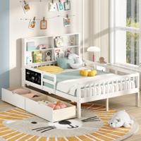 Kinderbed met 2 Lades Boekenrek & Bord 140 x 200 cm Jeugdbed met Valbescherming Wit