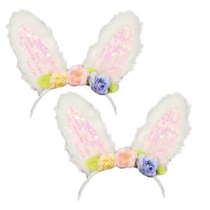 Verkleed diadeem paashaas/bunny oren met bloemen - 2x - wit - meisjes/dames - Carnaval