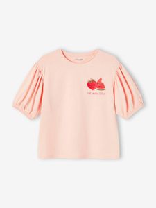 Meisjes t-shirt met bolletjesmouw en fruitmotief op de borst lichtroze