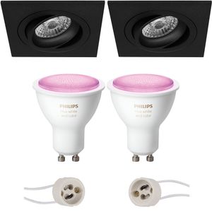 Pragmi Borny Pro - Inbouw Vierkant - Mat Zwart - Kantelbaar - 92mm - Philips Hue - LED Spot Set GU10 - White and Color Ambiance - Bluetooth