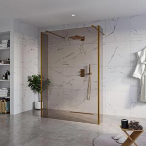 Fortifura Galeria Vrijstaande Inloopdouche - 140x200cm - Rookglas - antikalk - 8mm veiligheidsglas - 2 zijwanden 30cm - wandsteunen en hoekprofielen - Geborsteld koper PVD (Koper) SW927772 2x/SW797946/SW797930 2x/SW876703 2x