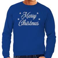 Kersttrui voor heren - Merry Christmas - blauw - met zilveren glitter letters - kerstdiner kleding