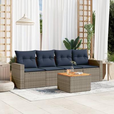 5-delige Loungeset met kussens poly rattan grijs