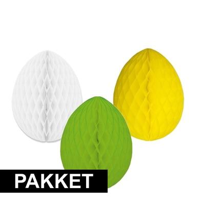 Hang decoratie Paaseieren - van papier - 3x stuks - 20 cm - Pasen thema versieringen - Honeycombs