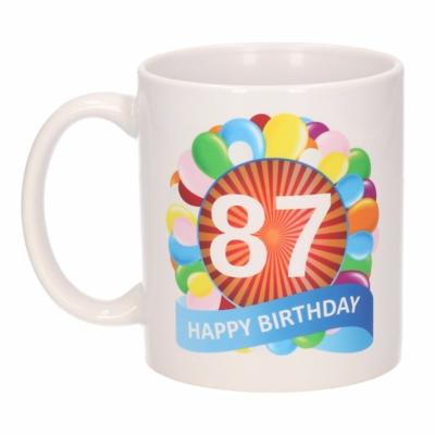 87 jaar Verjaardag koffiemok - cadeau beker - feestelijke ballonnen print - 300 ml - keramiek - wit