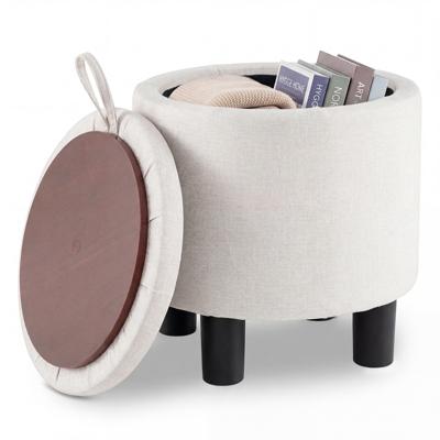 Ronde Opbergpoef Voetenbank Bekleed met Linnen Stof met Dubbelzijdige Klep 4 Poten Opbergpoef