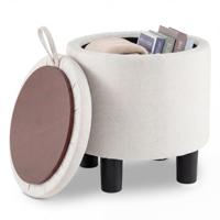 Ronde Opbergpoef Voetenbank Bekleed met Linnen Stof met Dubbelzijdige Klep 4 Poten Opbergpoef