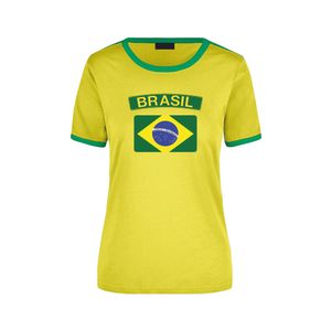 Brasil geel / groen ringer t-shirt Brazilie met vlag voor dames