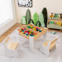 3-Delige Kinderzitgroep van Hout 4-In-1 Kindertafel met 2 Stoelen en Afneembaar Bord Kindermeubelset met Opbergruimte (Wit)