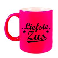 Liefste zus cadeau mok / beker neon roze met sterren 330 ml - thumbnail