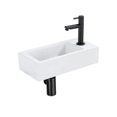 QeramiQ Fuente Fonteinset - 37.5x18.5x9cm - keramiek - kraangat rechts - fonteinkraan zwart mat - afvoerplug - verlaagd sifon - Glans wit SW1122445/SW696205/SW696215/SW696235