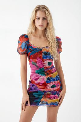 Gebloemde jurk met gerimpelde accenten - BLACK - XL