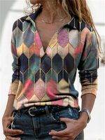 Color-Block Long Sleeve Shirt Collar Abstract Blouse - thumbnail