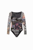 Tulen body met krantenknipsels - BLACK - XL - thumbnail