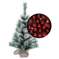 Besneeuwde mini kerstboom/kunst kerstboom 35 cm met kerstballen donkerrood - thumbnail