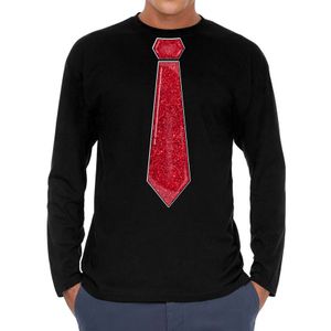 Verkleed shirt voor heren - stropdas glitter rood - zwart - carnaval - foute party - longsleeve