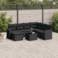 8-delige Loungeset met kussens poly rattan zwart