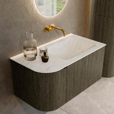 Badmeubel Mondiaz Kurve-Dlux | 85 cm cm | Meubelkleur Shadow | Wastafelkleur Opalo | Solid surface | Wasbak rechter zijde spoelbak | Zonder kraangat(en)