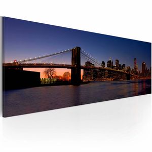 Schilderij - Brooklyn Brug - panorama, New York, Blauw/Oranje, 120X40 wanddecoratie