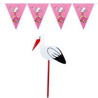 Geboorte versiering meisje - ooievaar geboortebord - 100 cm hoog - vlaggenlijn roze - 10 meter - Feestdecoratievoorwerp - thumbnail