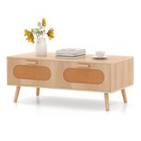 Salontafel Rotan Woonkamertafel met 2 Laden en Achtervak Koffietafel met Massieve Houten Poten Modern Bijzettafel 100 x 50 x 41 cm