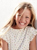 Geribd meisjes-T-shirt met bloemenprint ecru - thumbnail