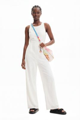 Lange jumpsuit met borduursel en kant - WHITE - XL