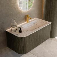 Badmeubel Mondiaz Kurve-Dlux | 95 cm | Meubelkleur Shadow | Wastafelkleur Nata | Solid surface | Wasbak rechter zijde spoelbak | 1 kraangat