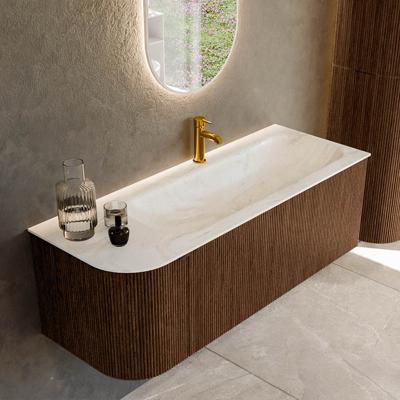 Badmeubel Mondiaz Kurve-Dlux | 125 cm | Meubelkleur Walnut | Wastafelkleur Ostra | Solid surface | Rechts spoelbak | 1 kraangat